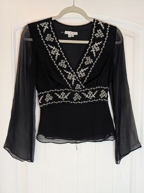 ICE Y2K Black Silk Embroidered Whimsigoth Fairy Top Sheer Flowy Sleeves